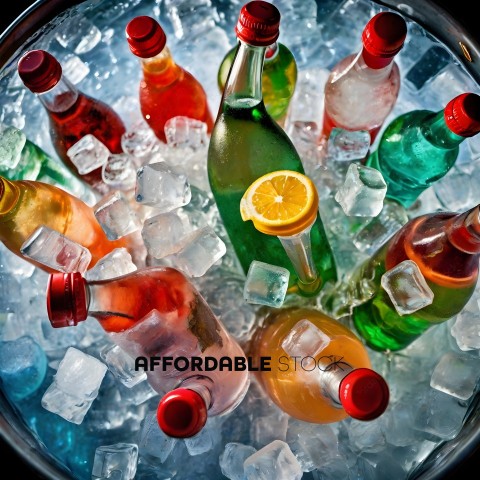 Bottles of various colors and flavors in a large ice bucket