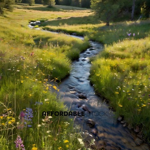 A stream runs through a field of flowers