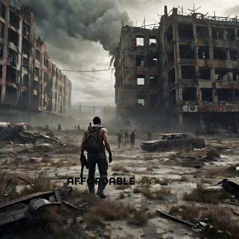 A man standing in a destroyed city with a backpack