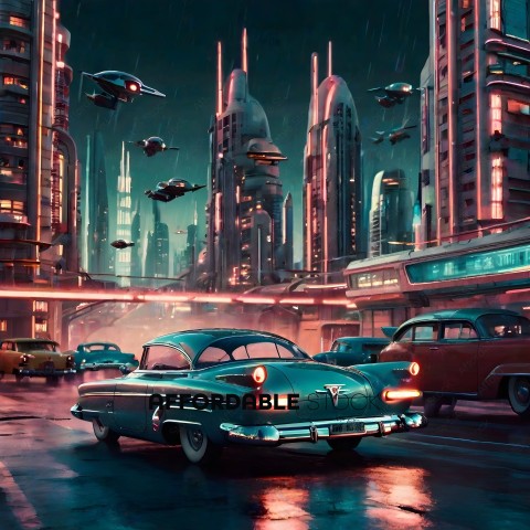 A futuristic city with flying cars and buildings