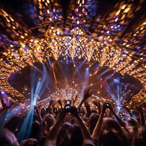 A crowd of people are at a concert with a large lighted stage