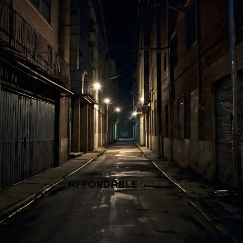 A dark alleyway with a single light on