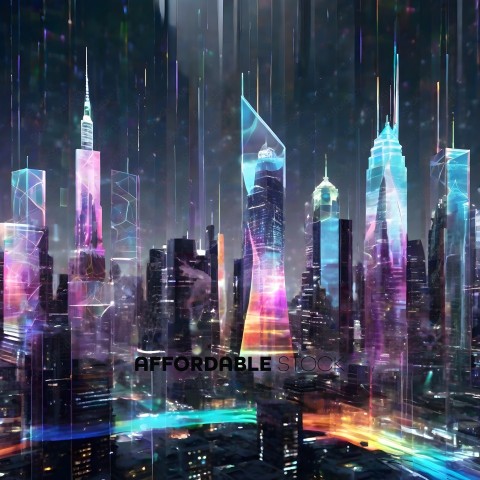 A futuristic cityscape with a rainbow of colors