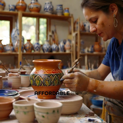 A woman paints a pottery piece in a workshop