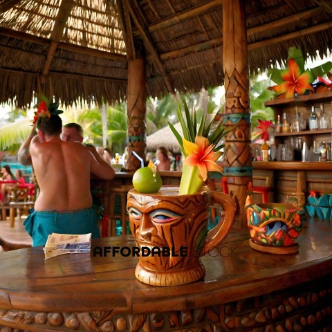 A man in a blue swimsuit at a bar with a hula punch
