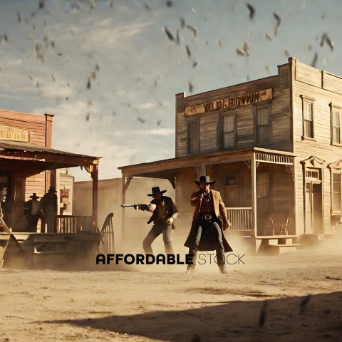 Two cowboys with guns in the middle of a dusty street