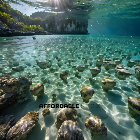 A beautiful underwater scene with rocks and water