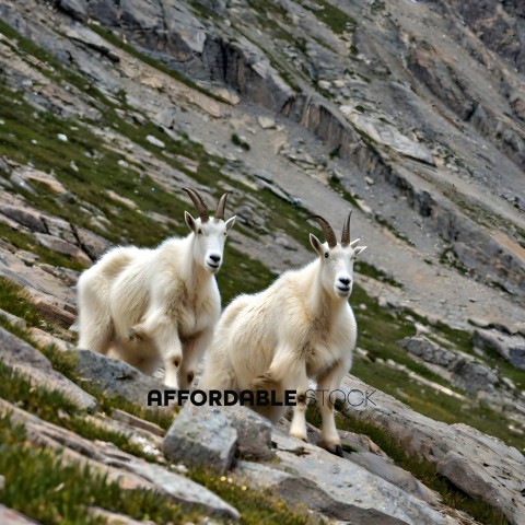 Two goats standing on a rocky hillside
