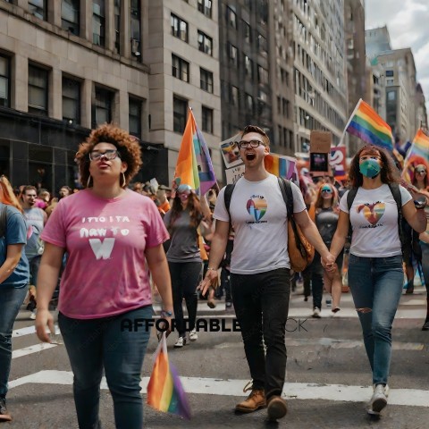 A group of people walking down a street with rainbow flags