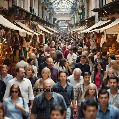 Crowded marketplace with people walking around
