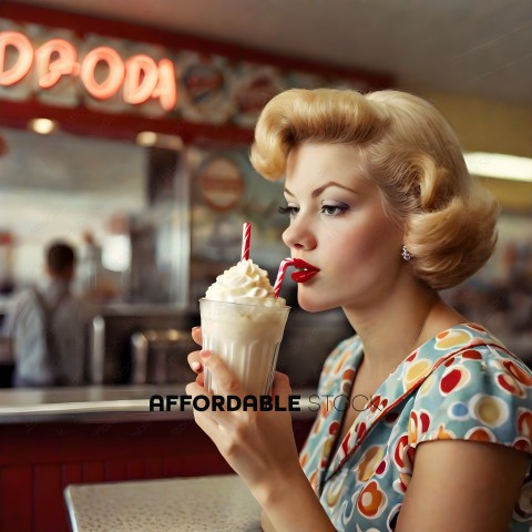 A woman in a colorful dress sips a milkshake