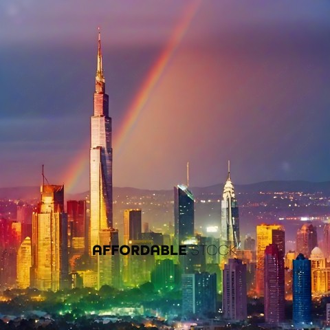 A rainbow arches over a city skyline