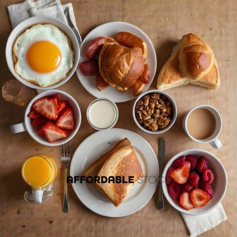 A variety of breakfast foods on a table