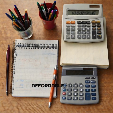A desk with a calculator, pen, pencil, and notebook