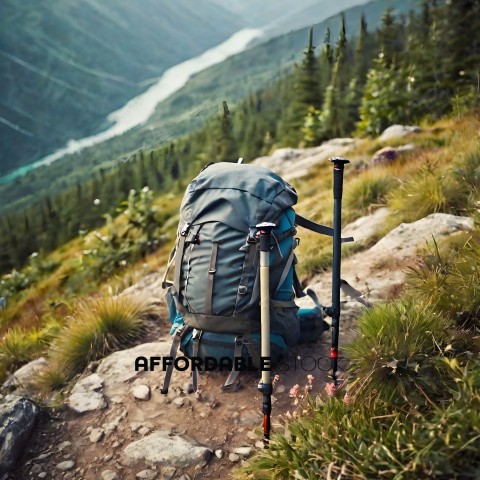 A hiker's backpack and walking sticks sit on a rocky hillside