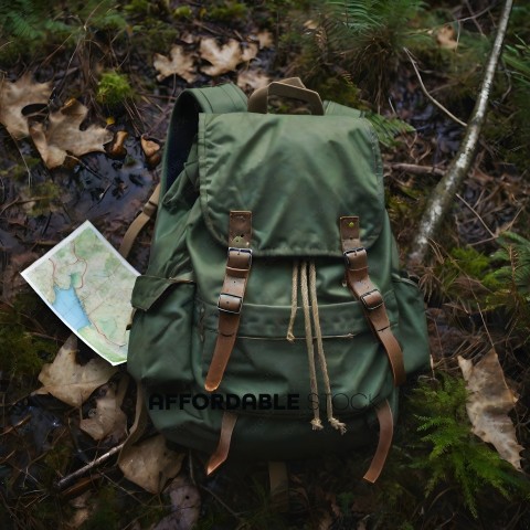A green backpack with a map on the ground