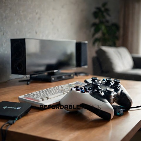 A white and black video game controller on a table