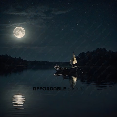 A boat sits in the water at night with a full moon in the sky