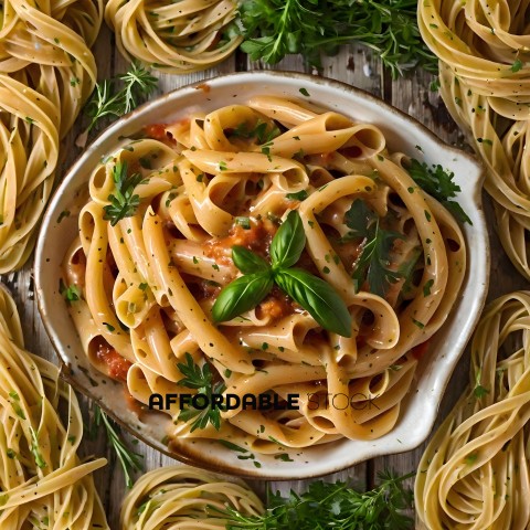 A bowl of pasta with basil and parsley garnish