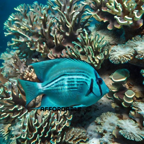 A blue and white fish swims in front of a coral reef