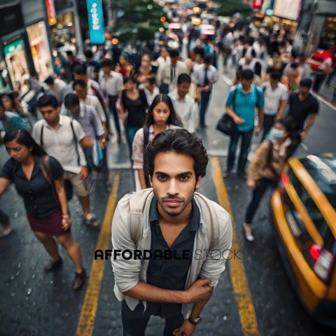 A man in a crowd of people walking down a busy street