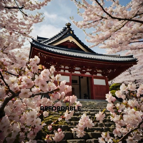 Cherry Blossom Tree in Front of Japanese Temple