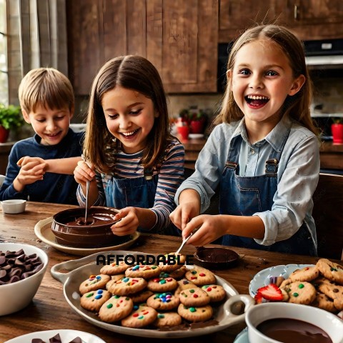 Three children making cookies
