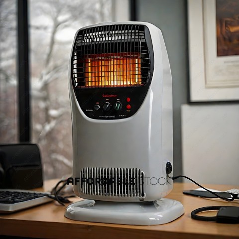 A white electric heater on a desk