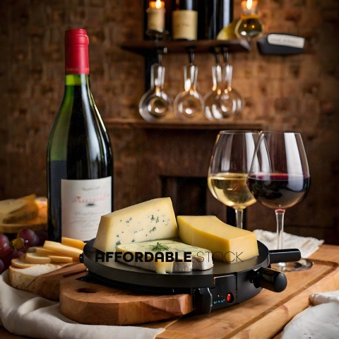 A cheese board with a wine glass and a bottle of wine