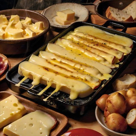 A variety of foods including cheese, bread, and potatoes