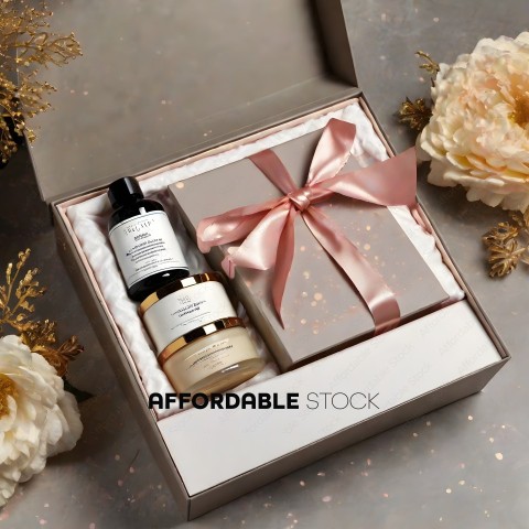 A Gift Box with a Bottle of Perfume and a Bow