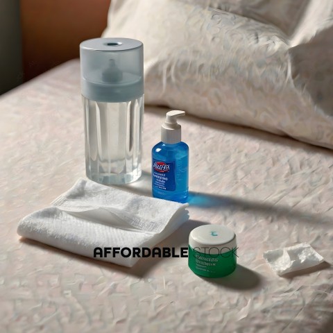 Bedroom with toiletries on a bed