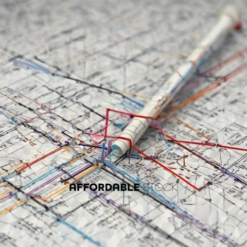 A pencil with a red string on it is on a map