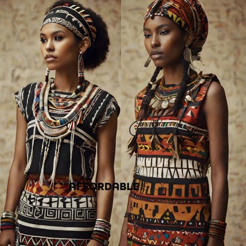 Two African women wearing colorful dresses and jewelry