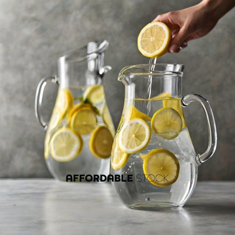 A person pouring lemon slices into a glass of water