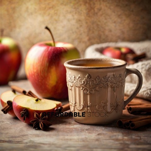 A cup of tea with a spiced apple on the table