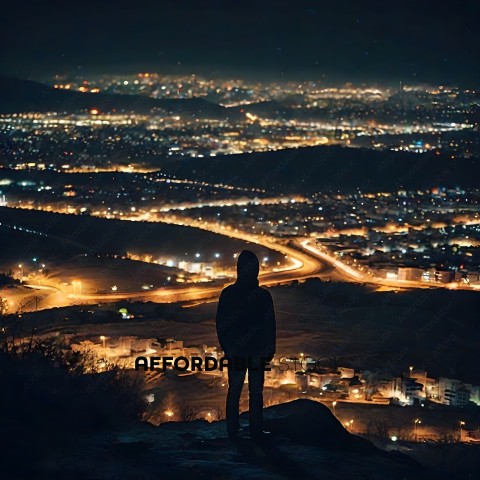 A person standing on a hill at night looking at a city