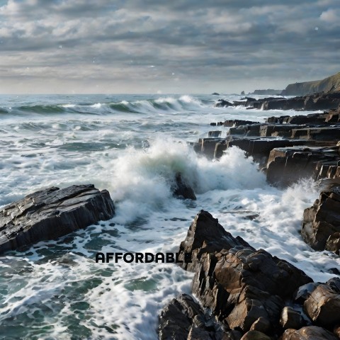 A rocky coastline with crashing waves