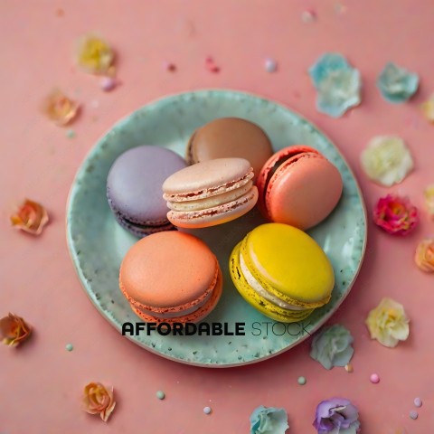 A plate of colorful macarons with pink, yellow, and blue toppings