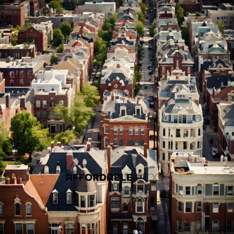 A cityscape of red brick buildings with green trees