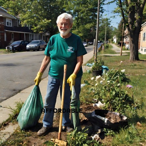 Man with a beard and mustache holding a shovel and a bag