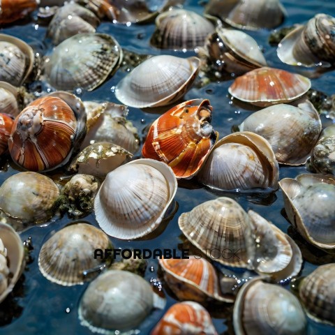 A group of sea shells in the water