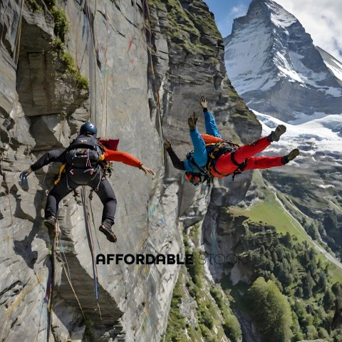 Two rock climbers wearing red and blue climb a steep cliff