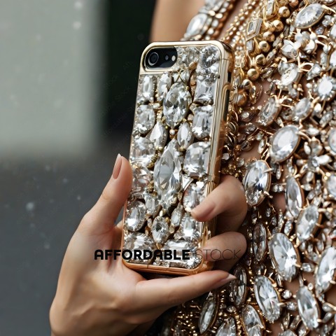 A woman holding a phone case with a lot of crystals on it