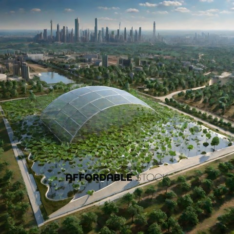 A futuristic city with a large dome structure