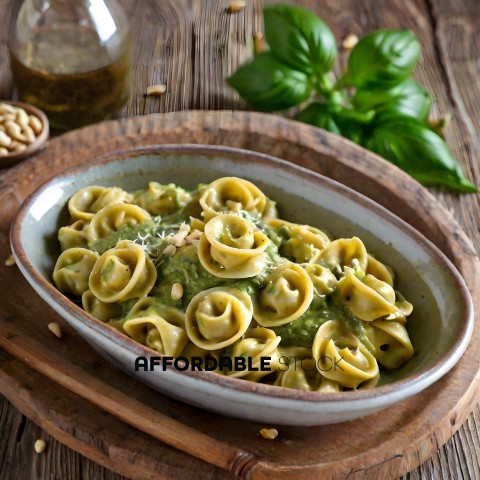 A bowl of pasta with a green sauce