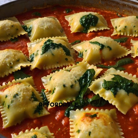 A dish of pasta with spinach and cheese