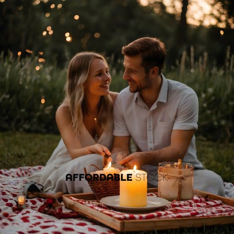 A couple enjoys a candlelit picnic in the park