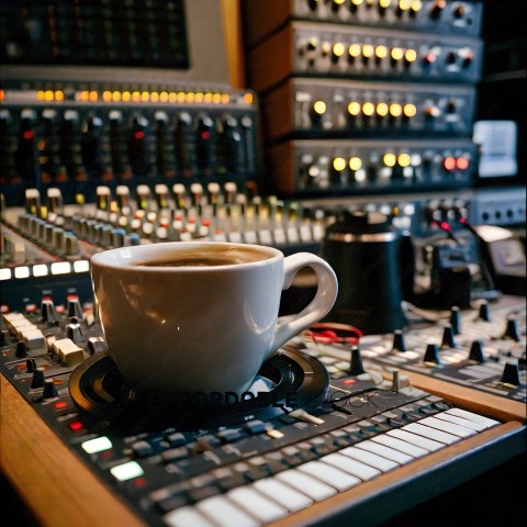 A cup of coffee sits on a soundboard
