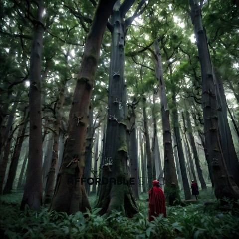 Two people in red robes standing in a forest